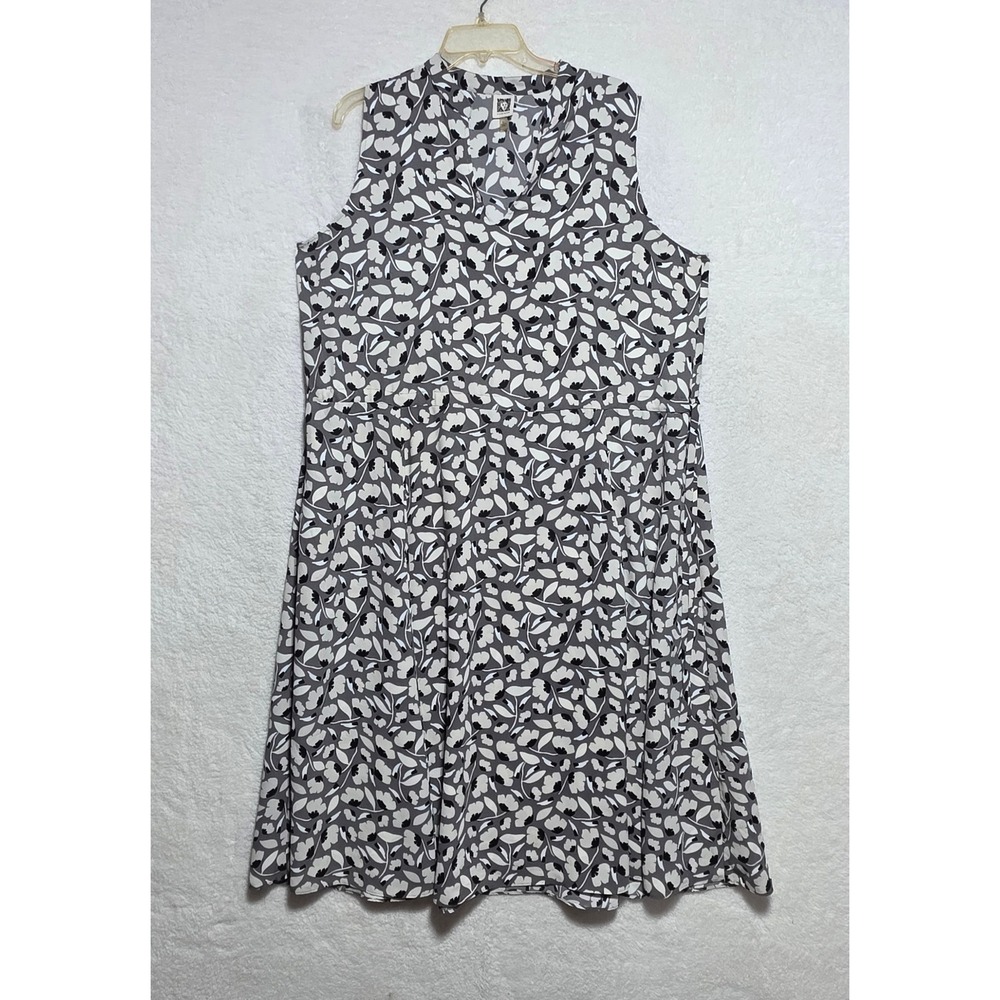 Anne Klein Women's XL Floral V-Neck Sleeveless Midi Dress Grey White w/ Pockets